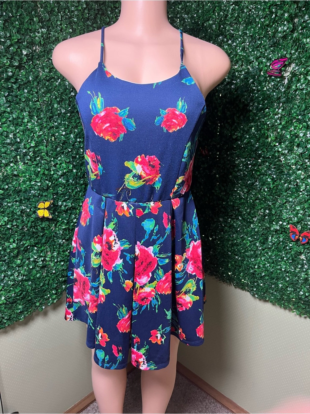 love J Navy Floral Spaghetti-Strap Dress with Pink & Green Accents
